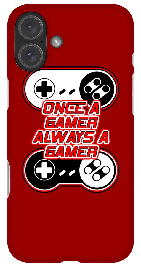 Red phone case with controller graphic and slogan; dual rear cameras