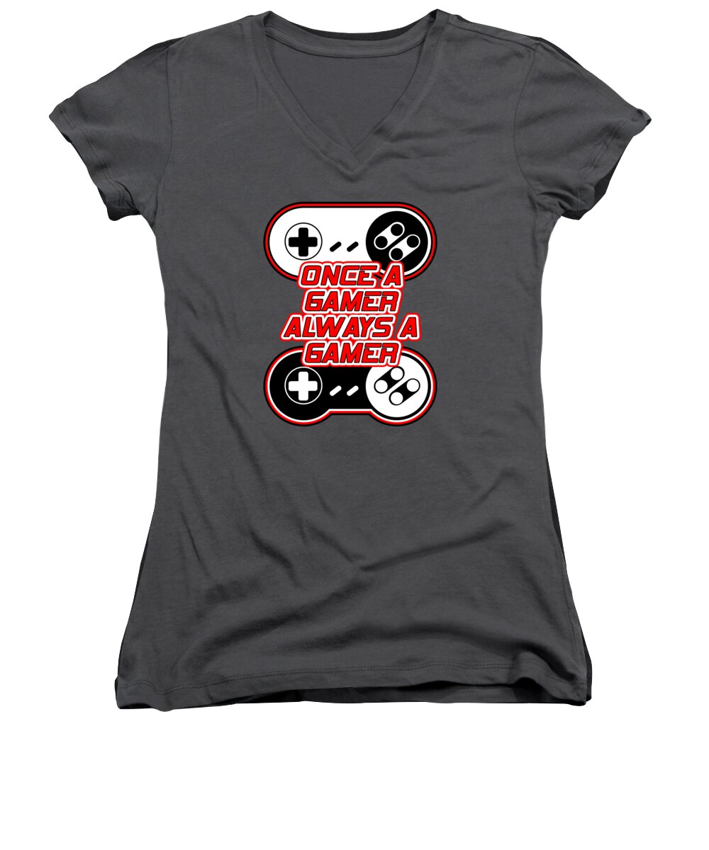 Charcoal women's V-neck t-shirt with red game controller graphic