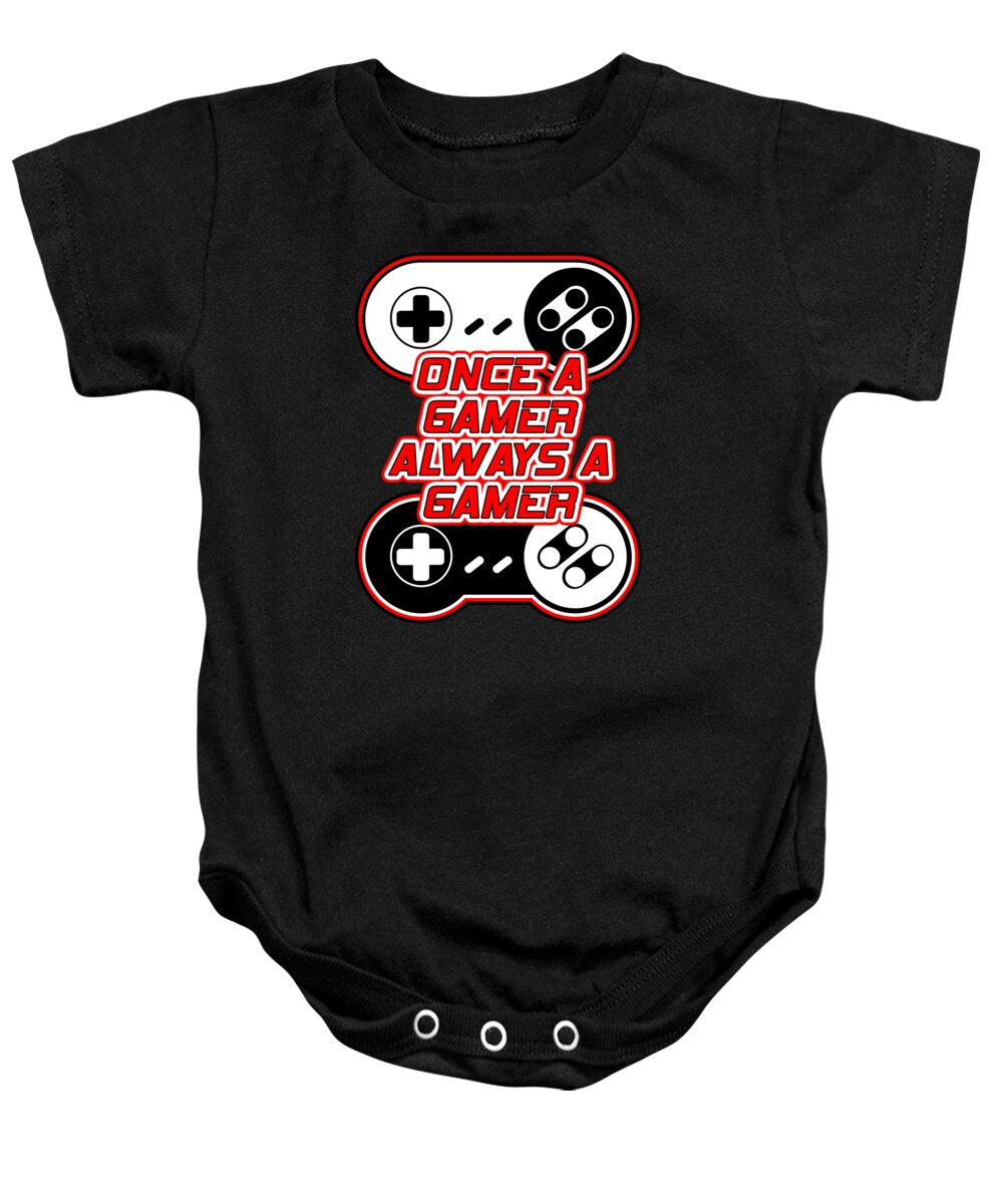 Black baby onesie with gaming controller graphic and slogan on front