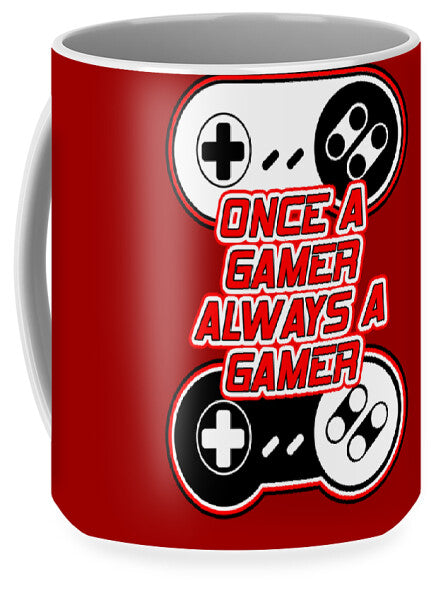 Red mug with gaming controller graphic and 'Once a Gamer Always' text on side