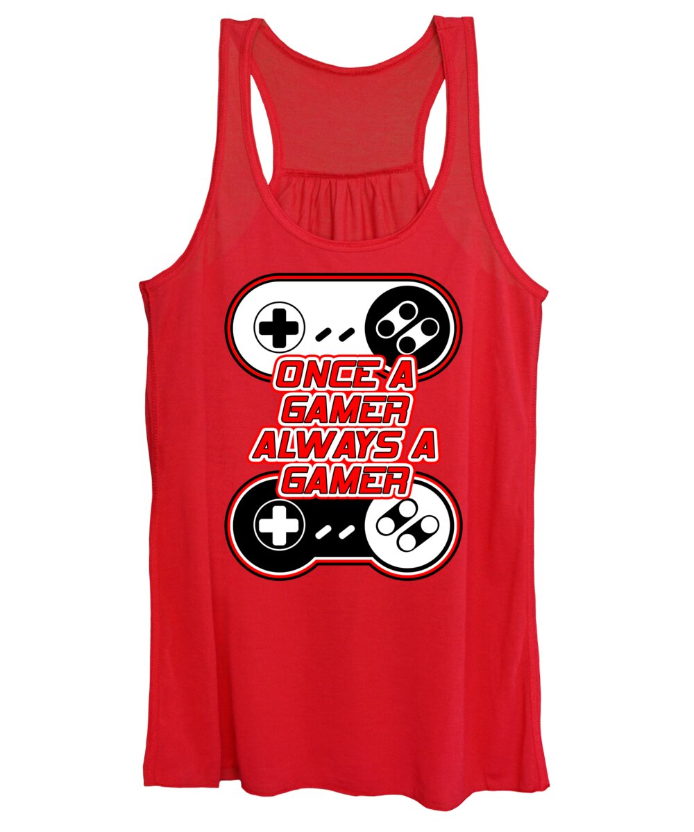 Red women's tank top with gamer controller graphic, scoop neck and sleeveless cut