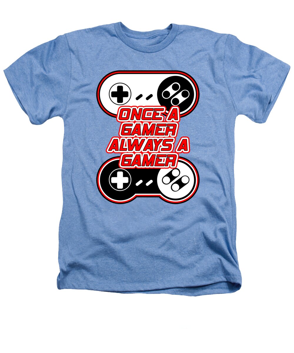 Heathers t-shirt in light blue with front gaming controller graphic and slogan