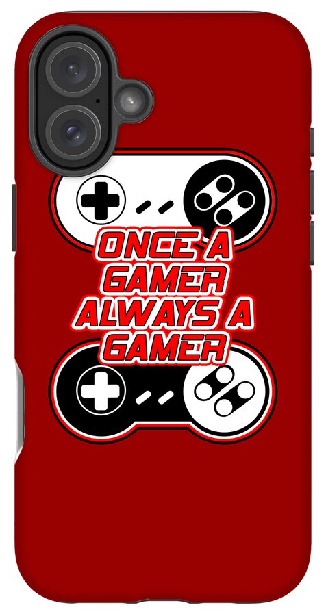 Red phone case with controller graphic and slogan; dual rear cameras
