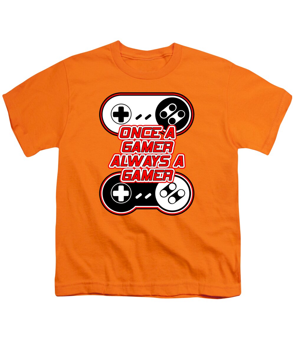 Orange youth t-shirt with game controller graphic and “Once a Gamer Always a Gamer” text