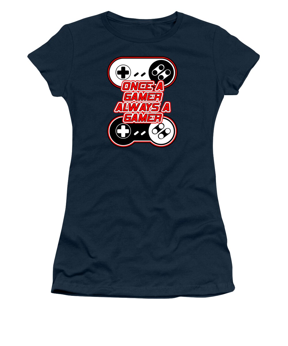 Navy women’s gamer T-shirt with controller graphic and “Once a Gamer” text
