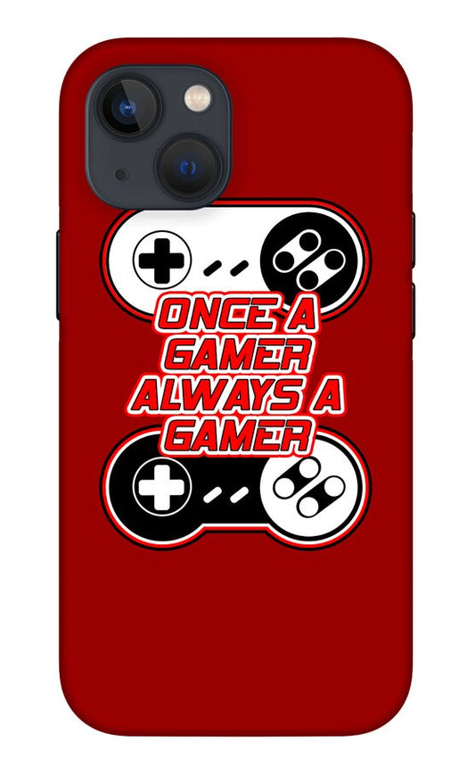 Red phone case with game controller graphic and "Once a Gamer Always a Gamer" text.