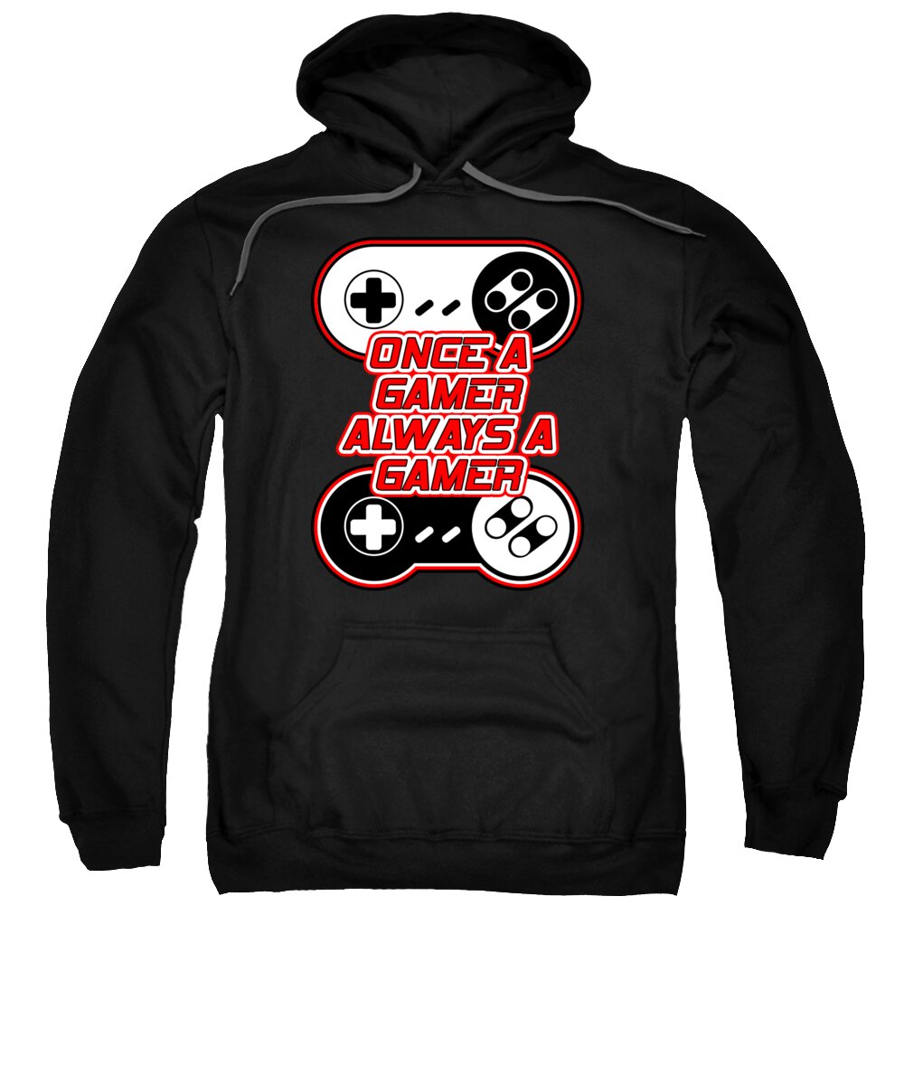 Black hoodie sweatshirt with colorful gaming controller graphic on chest