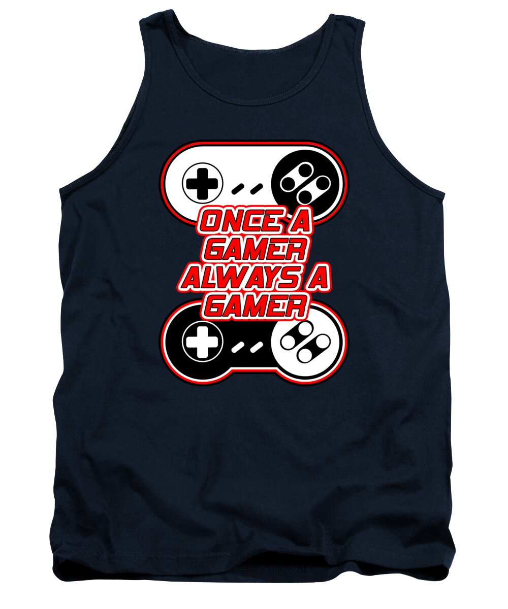 Navy gamer tank top with front gaming-controller graphic, crew neck and sleeveless cut