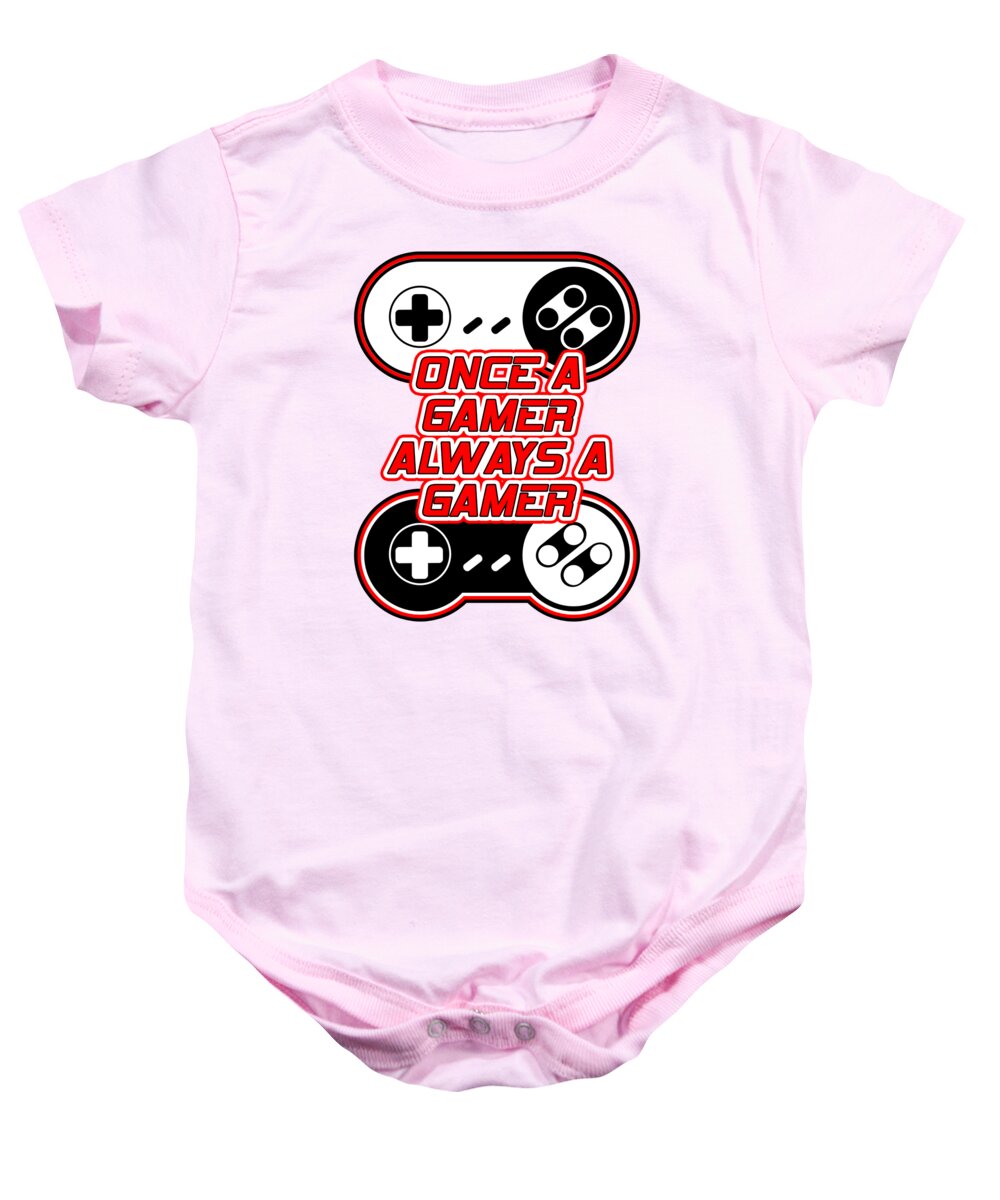 Pink baby onesie with gaming controller graphic and slogan on front