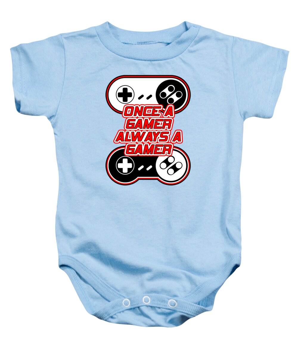 Light blue baby onesie with gaming controller graphic and slogan on front