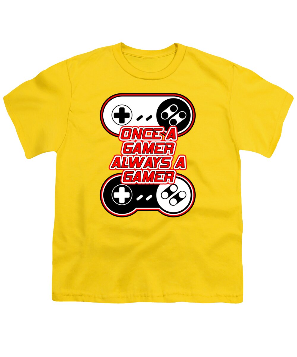 Yellow youth t-shirt with game controller graphic and “Once a Gamer Always a Gamer” text