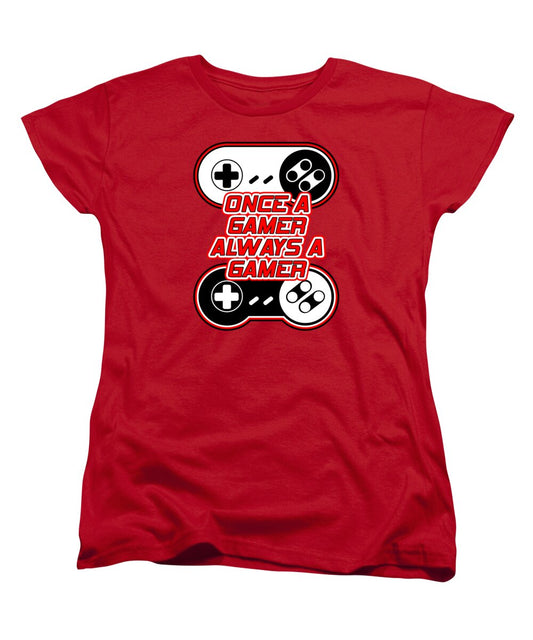 Red women's graphic t-shirt with gaming controller emblem at center