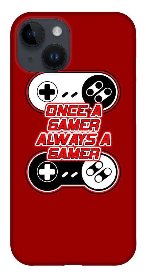 Red phone case with gaming controller graphic and gamer text; top camera cutouts visible
