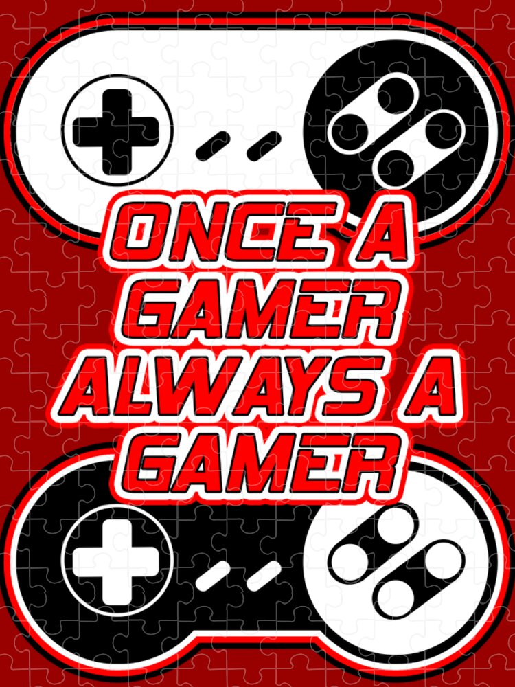 Gaming puzzle with red/black design, controller icons, and Once a Gamer Always a Gamer