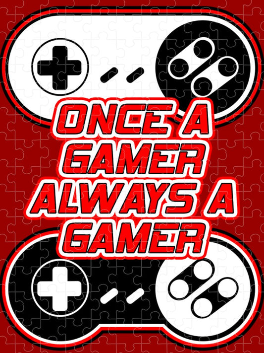 Gaming puzzle with red/black design, controller icons, and Once a Gamer Always a Gamer