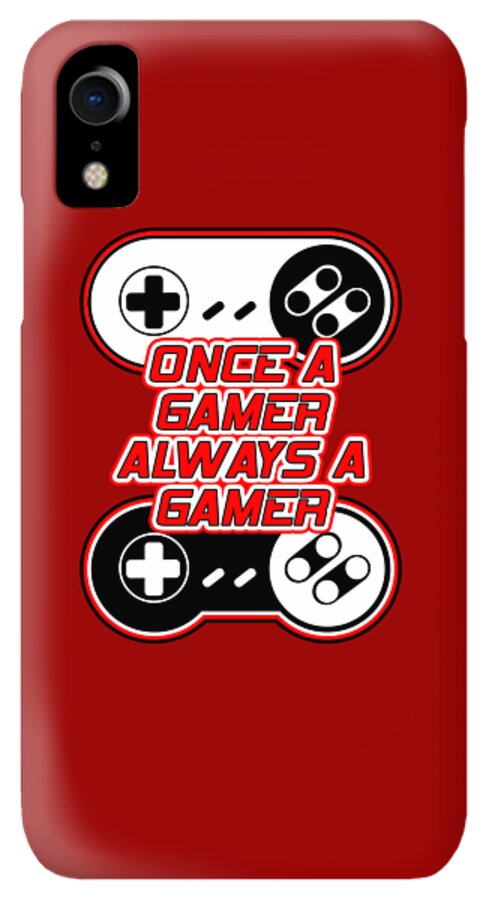 Red phone case with controller graphic and slogan; single rear camera cutout