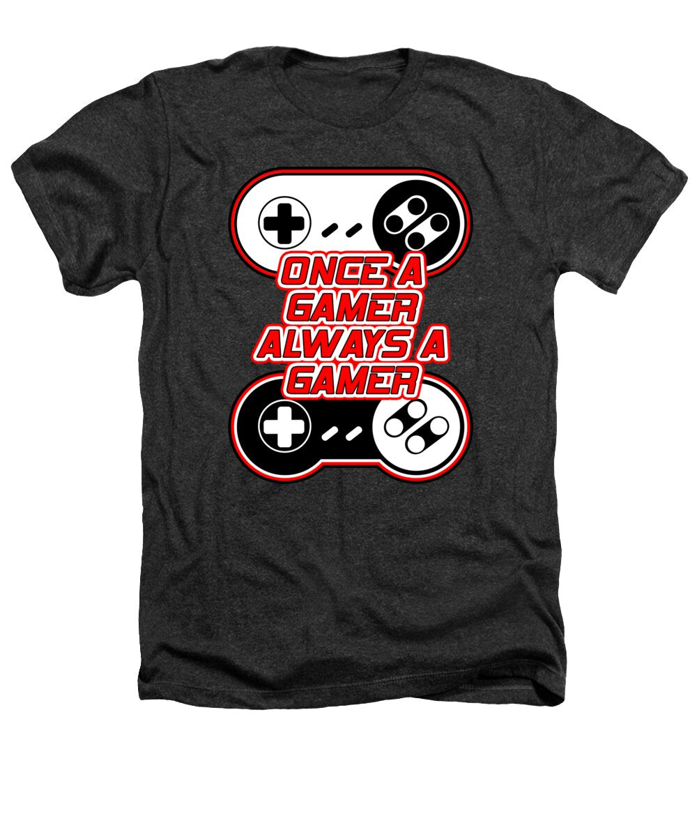 Heathers t-shirt in dark charcoal with front gaming controller graphic and slogan