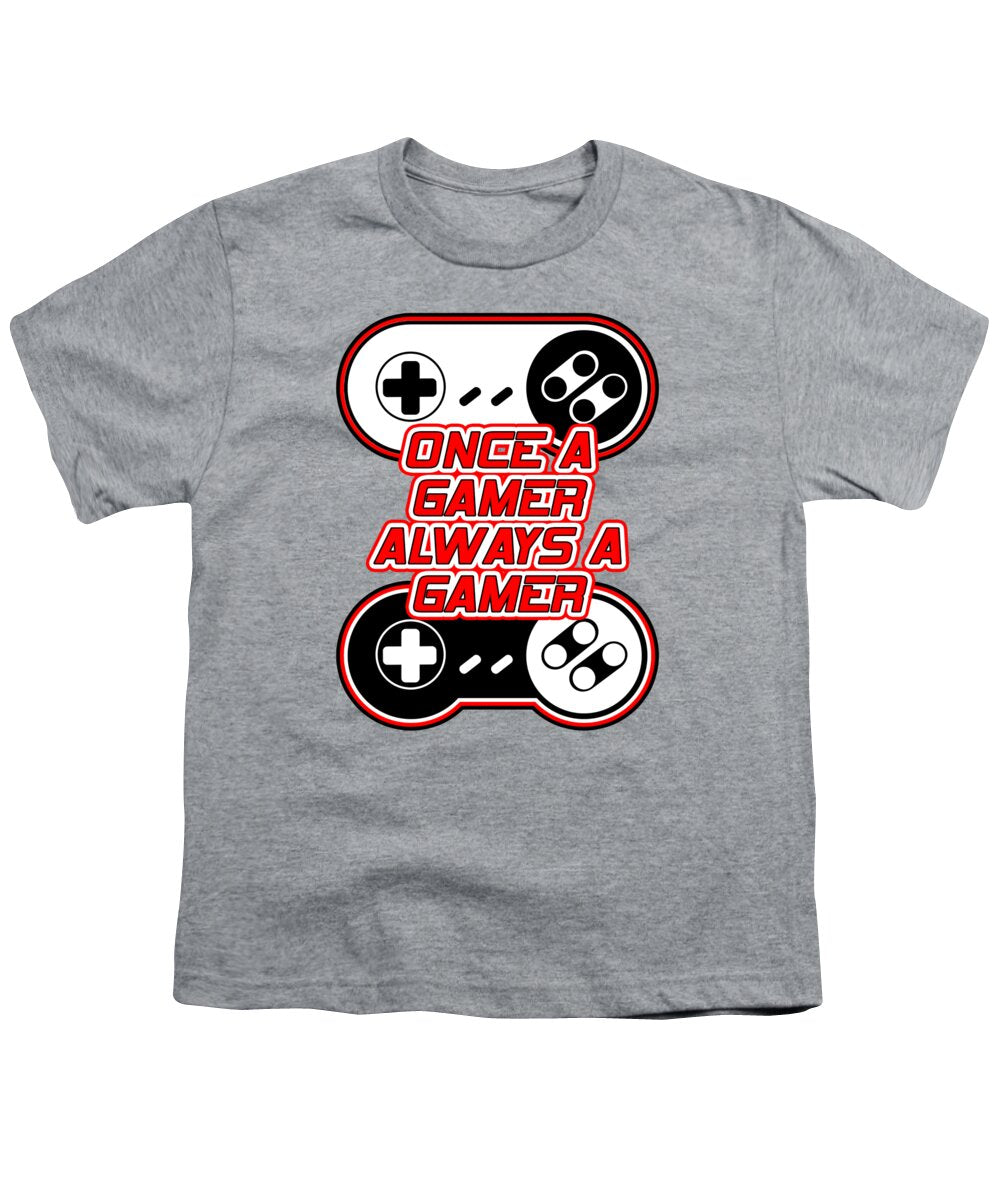 Youth T-shirt, heather gray, gaming controller graphic with “Once a Gamer, Always a Gamer”