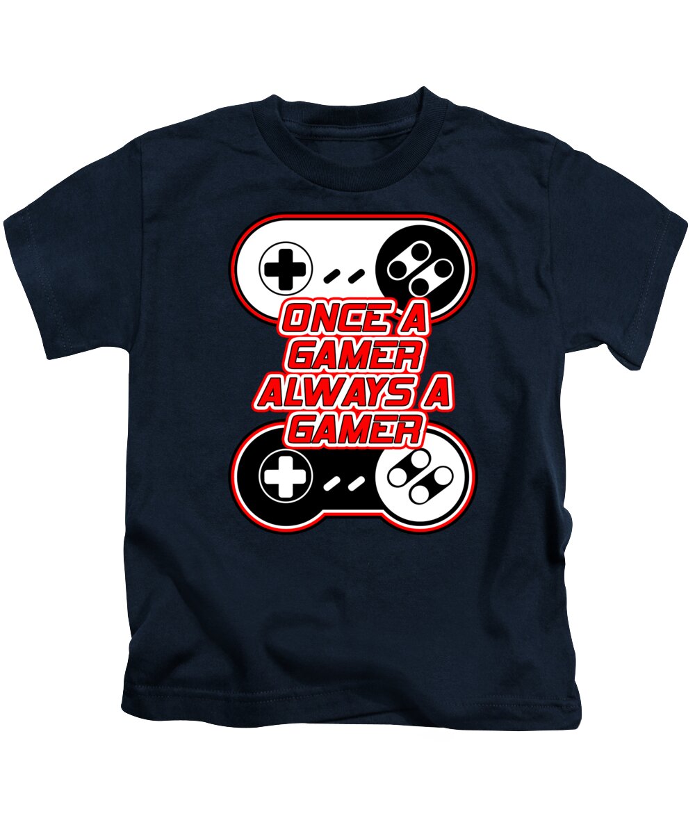 Kids t-shirt, navy blue, with gaming controller graphic and slogan