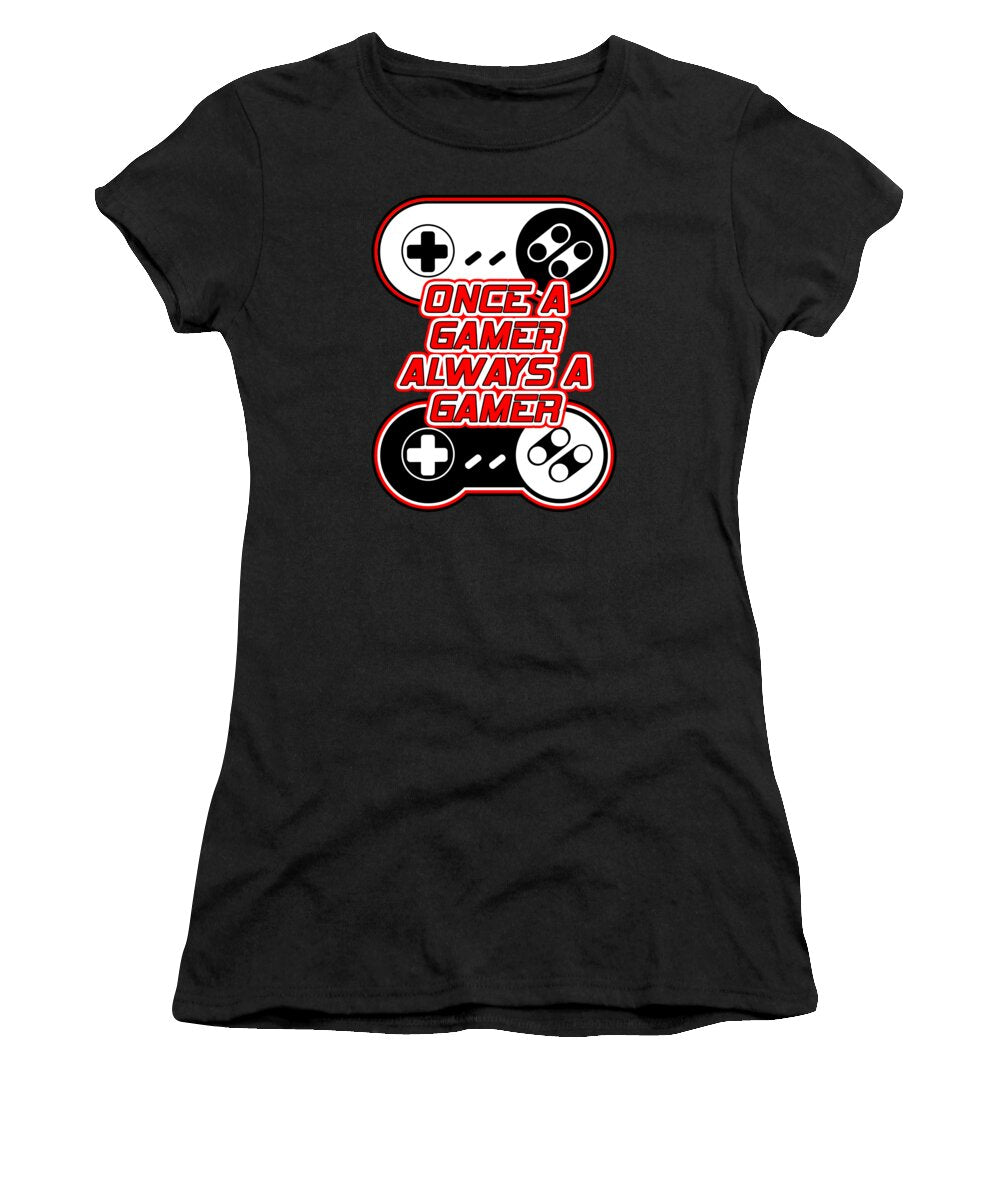 Black women’s gamer T-shirt with controller graphic and “Once a Gamer” text