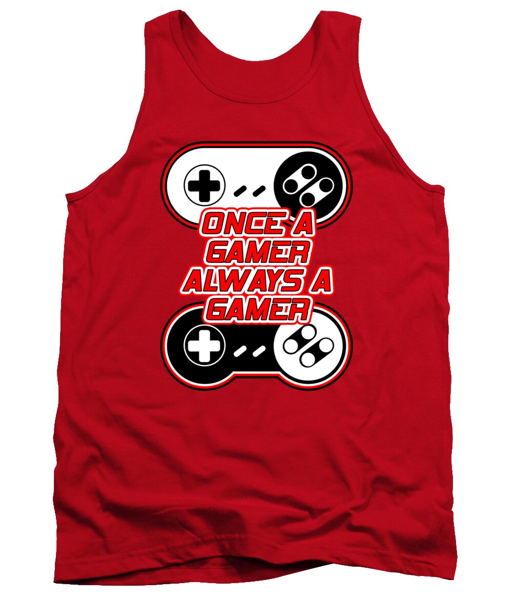 Red gamer tank top with front gaming-controller graphic, crew neck and sleeveless cut