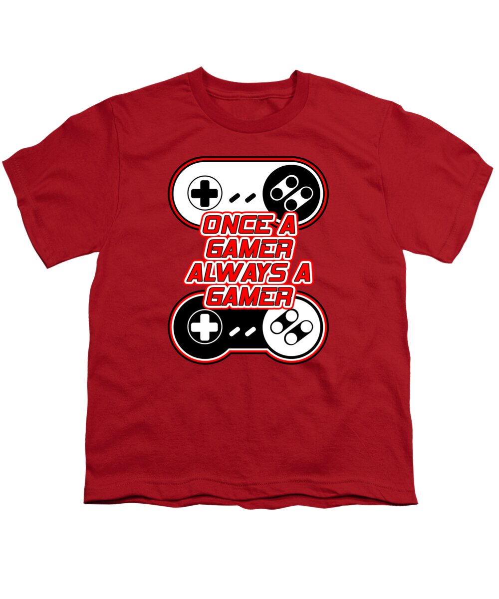 Red youth t-shirt with game controller graphic and “Once a Gamer Always a Gamer” text