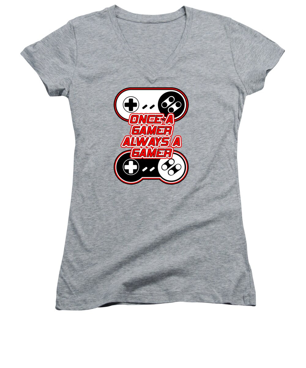 Heather gray women's V-neck t-shirt with red game controller graphic