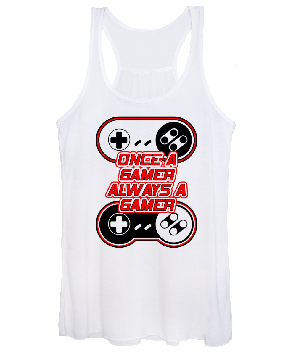 White women's tank top with gamer controller graphic, scoop neck and sleeveless cut