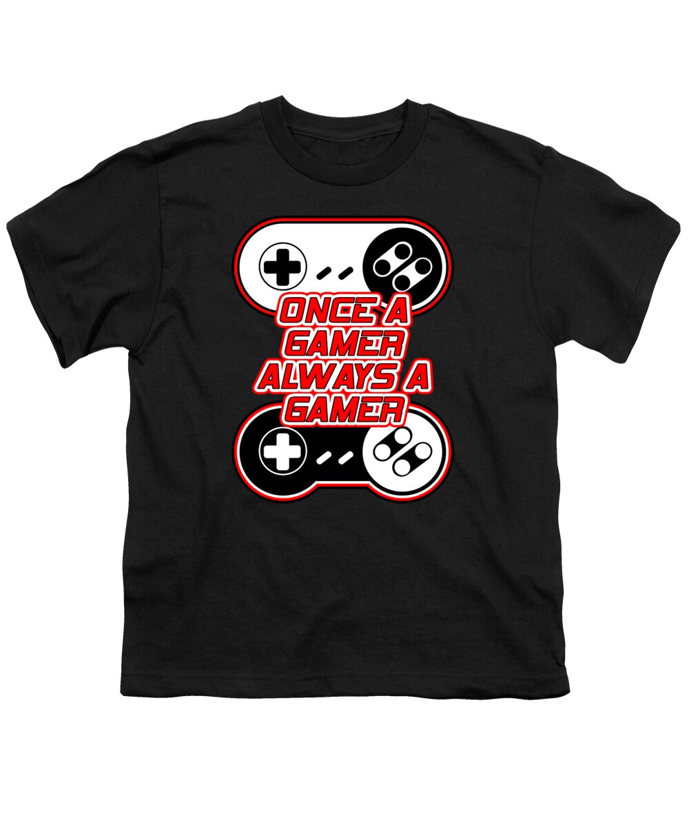 Youth T-shirt, black, gaming controller graphic with “Once a Gamer, Always a Gamer”