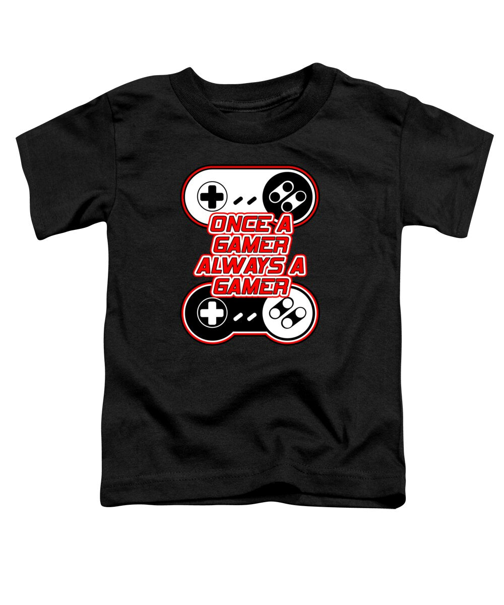 Toddler black T-shirt with game controller graphic and “Once a Gamer” text design