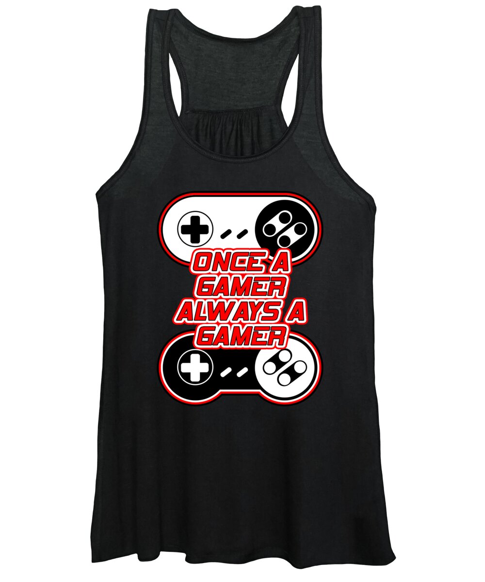 Black women's tank top with gamer controller graphic, scoop neck and sleeveless cut
