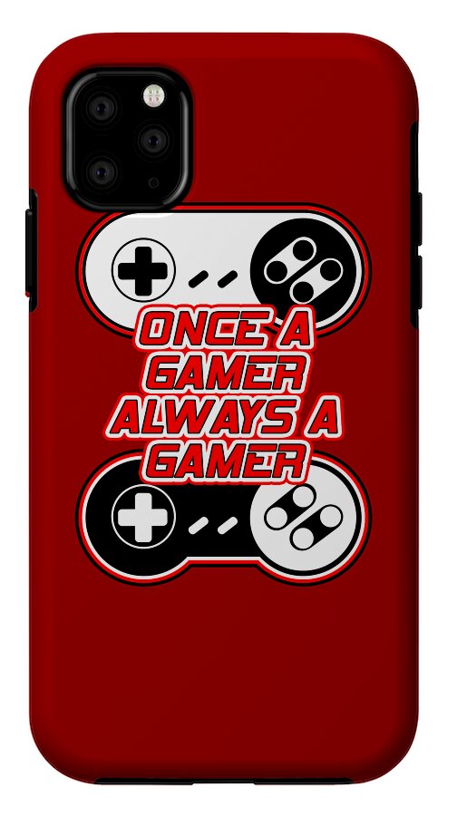 Red phone case with gaming controller graphic and Once a gamer text, rounded corners
