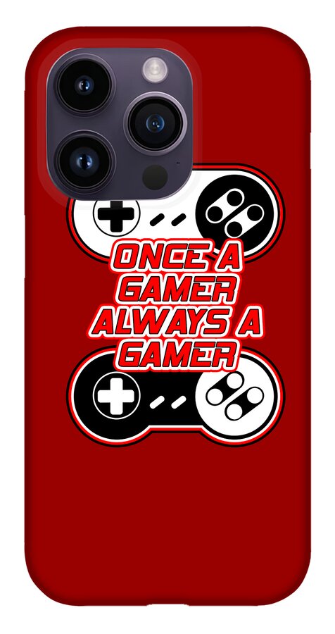 Red phone case with gaming controller graphic and gamer text; camera cutouts at upper left