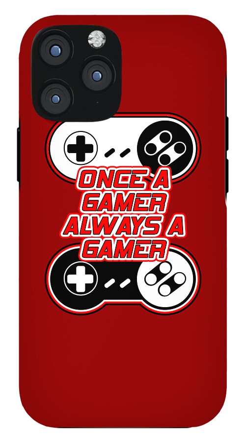 Red phone case back with gaming controller graphic and Once a gamer text