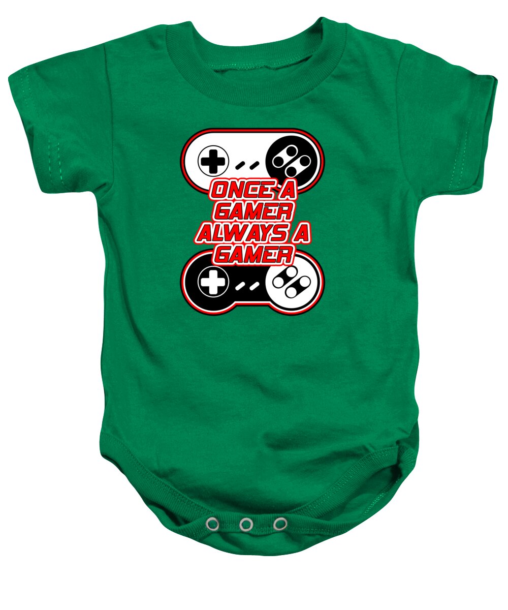 Green baby onesie with gaming controller graphic and slogan on front
