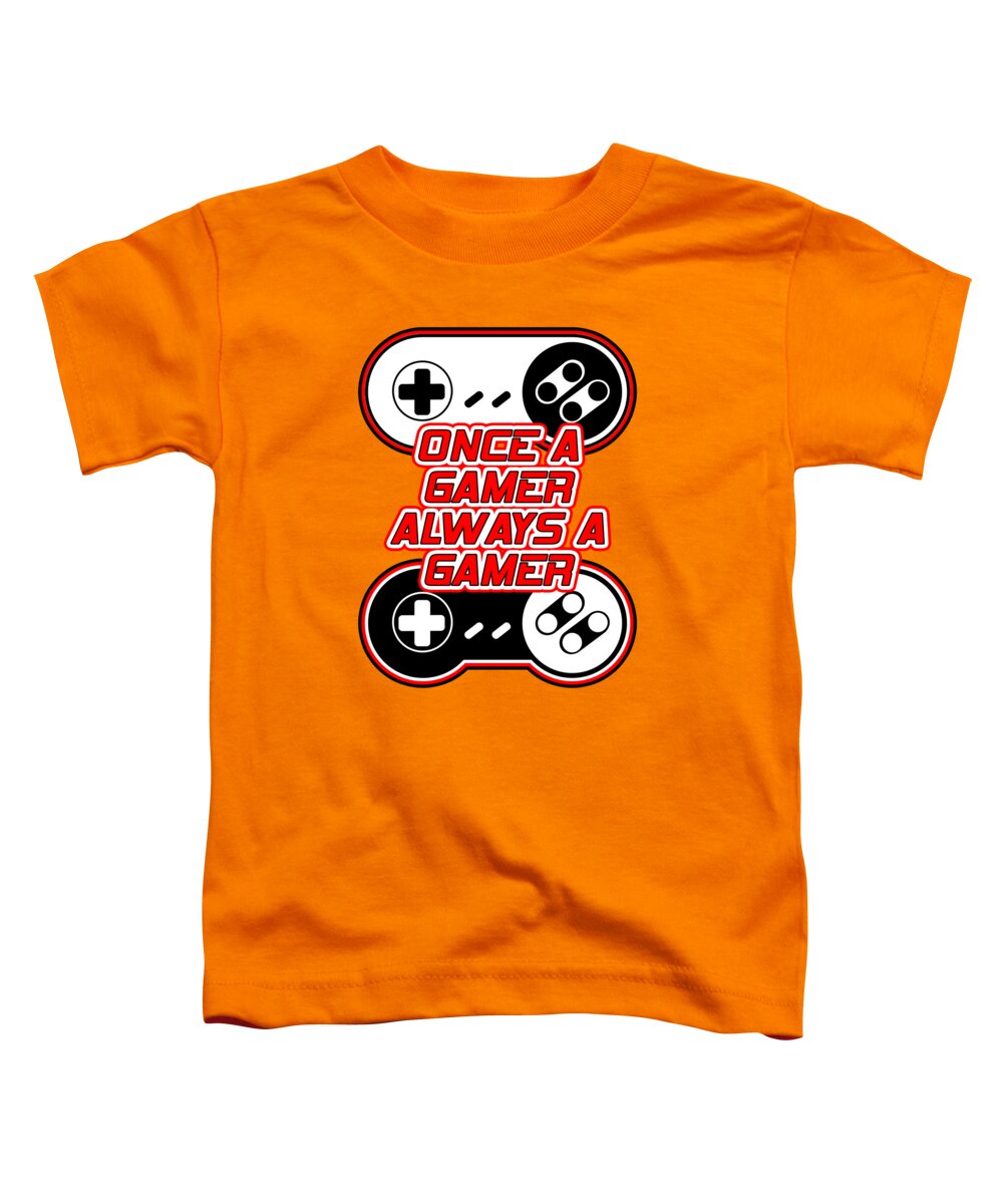 Toddler orange T-shirt with game controller graphic and “Once a Gamer” text design