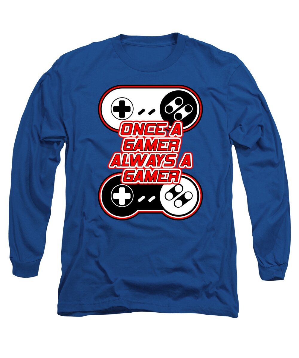 Royal blue long sleeve T-shirt with gaming controller graphic and red text logo on chest