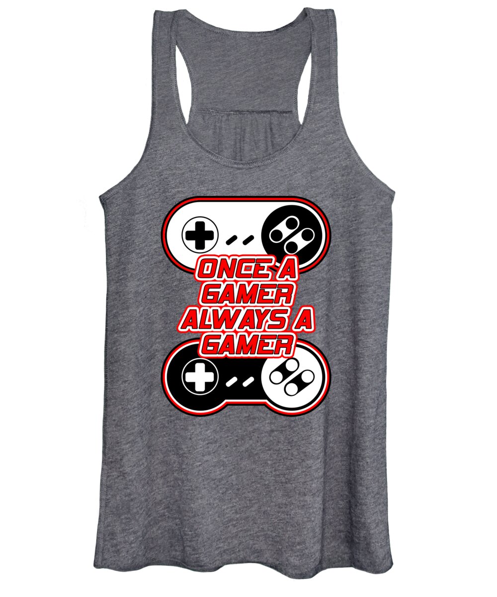 Charcoal gray women's tank top with gamer controller graphic, scoop neck and sleeveless cut