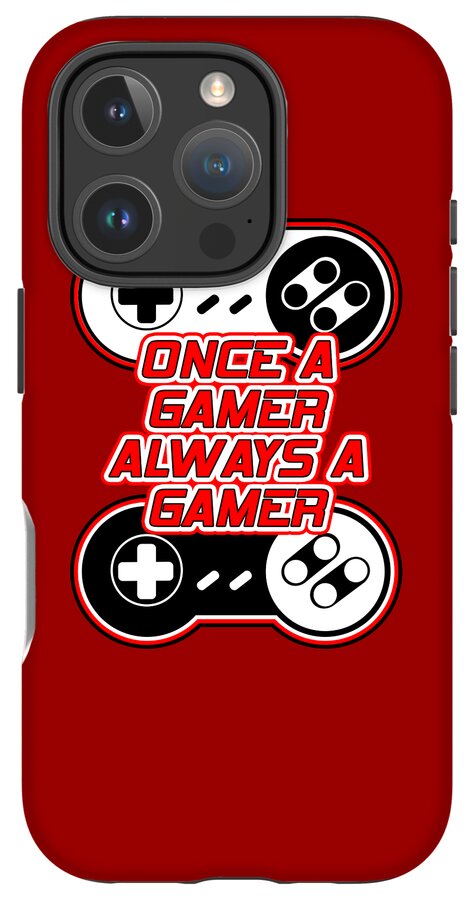 Red phone case with gaming controller graphic and Once a Gamer Always a Gamer text.