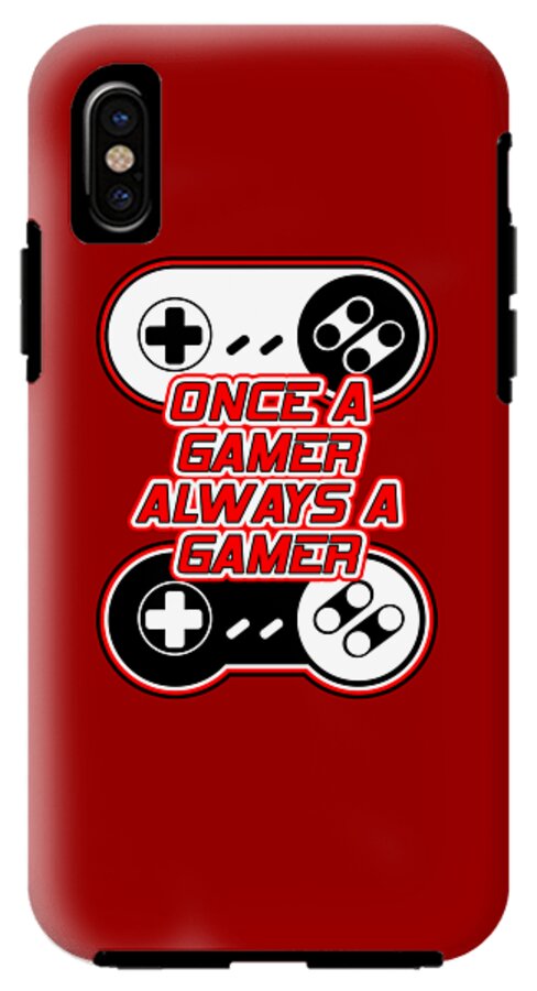 Red phone case with controller graphic and slogan; single rear camera cutout