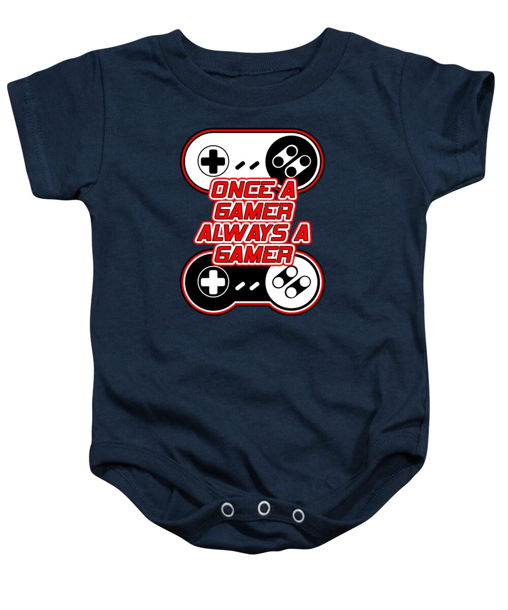 Navy baby onesie with gaming controller graphic and slogan on front