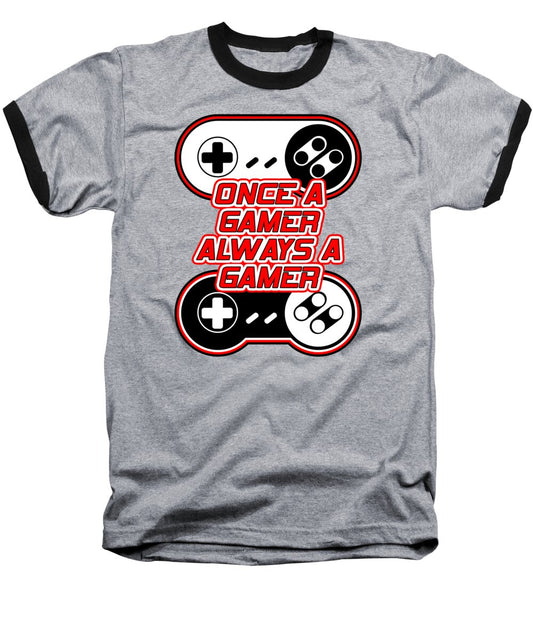Heather gray baseball T-shirt with black raglan sleeves and gamer graphic