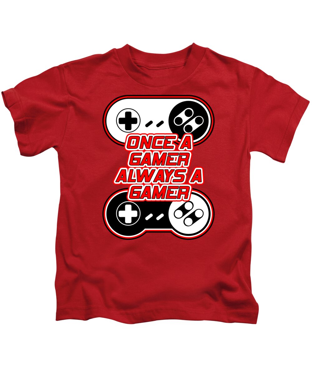 Kids t-shirt, red, with gaming controller graphic and slogan