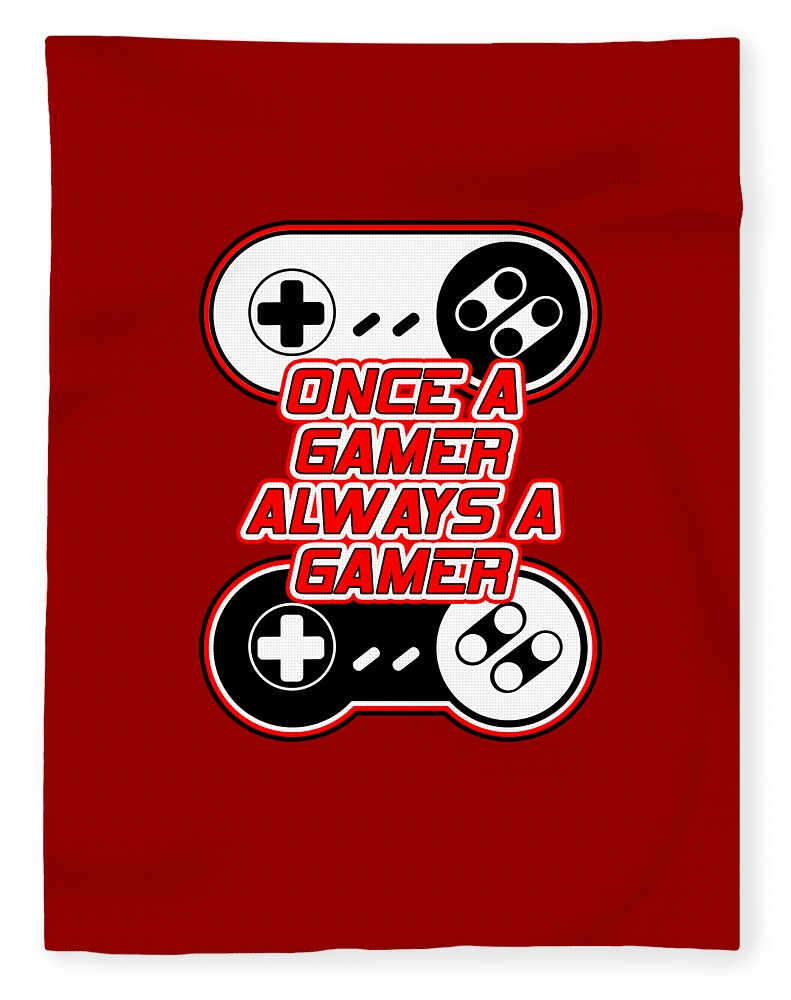 Red gaming blanket with controller icons and neon "Once a Gamer Always a Gamer" text