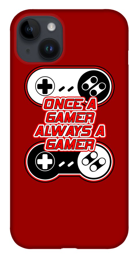 Red phone case with gaming controller graphic and gamer text, centered over the front