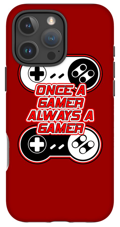 Red phone case featuring a gaming controller graphic and bold Once a Gamer Always a Gamer text.