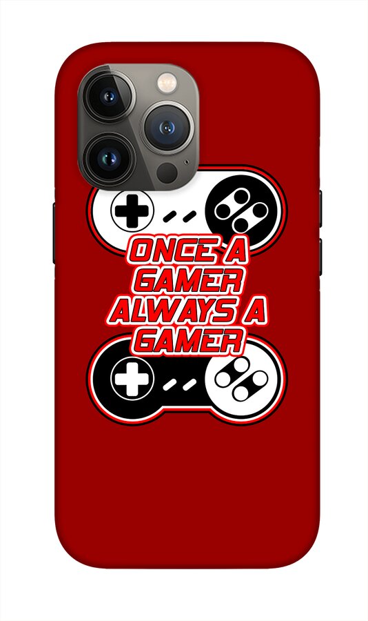 Red phone case with game controller design and "Once a Gamer Always a Gamer" text, camera cutouts.