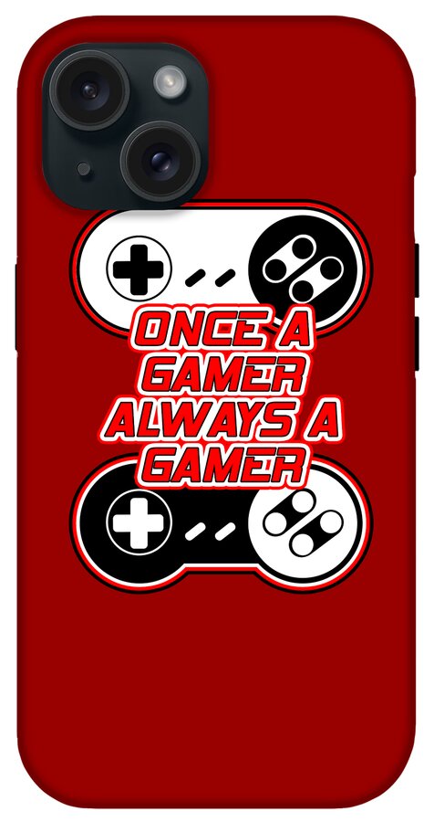 Red phone case with gaming controller graphic and Once a Gamer Always a Gamer text; camera lenses shown.