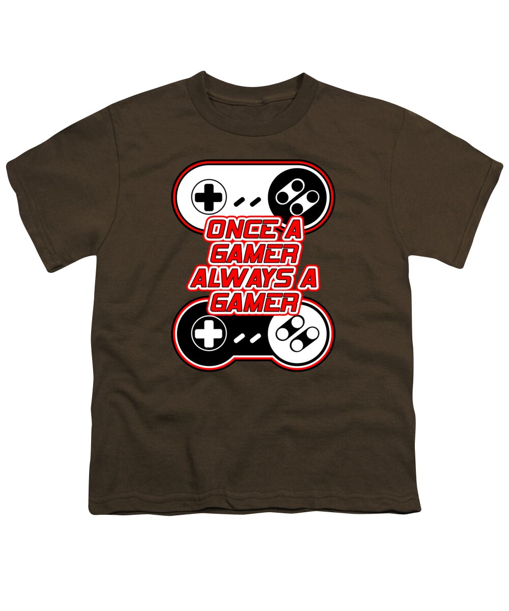 Youth T-shirt, coffee brown, gaming controller graphic with “Once a Gamer, Always a Gamer”