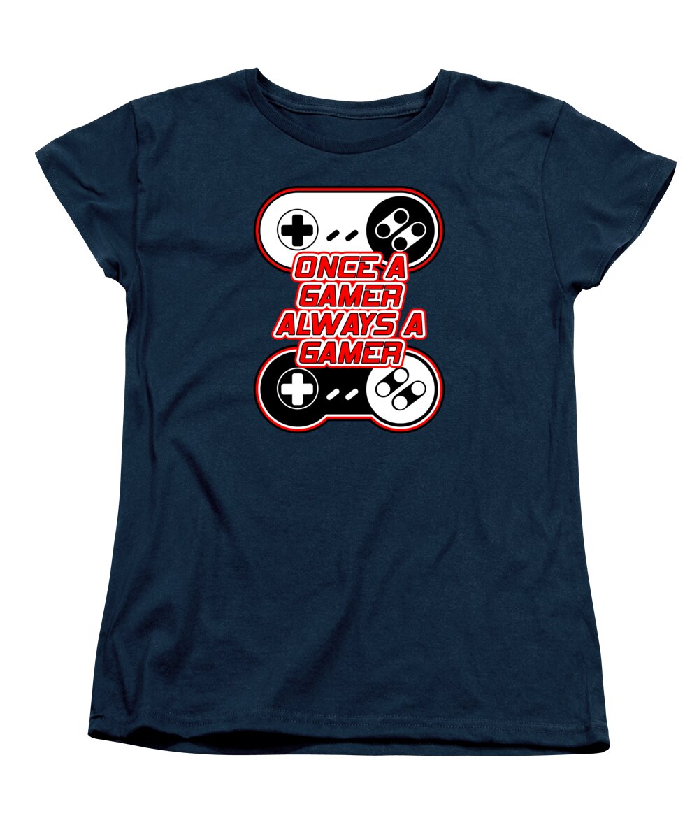 Navy women's graphic t-shirt with gaming controller emblem at center